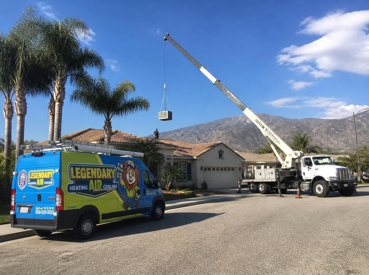 Aerial view of the Legendary Air crew setting a new HVAC system on a Hemet home with a crane